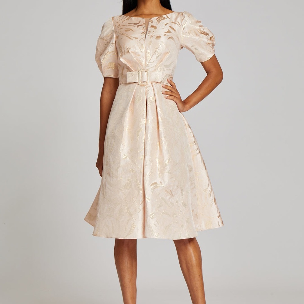 TERI JON Puff Sleeve Self Belt Metallic Jacquard Dress (size 10)